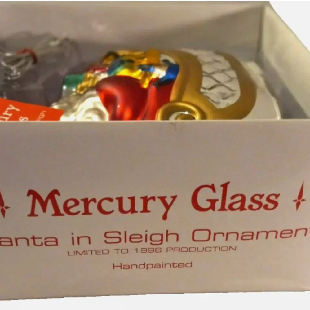 Vintage Mercury Glass Santa in Sleigh Ornament Handblown IOB Retired Limited